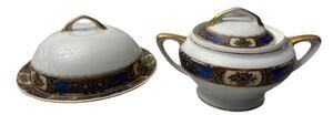 1960's Victoria Czechoslovakia Porcelain Sugar Bowl & Butter Dish Set Gold Trim